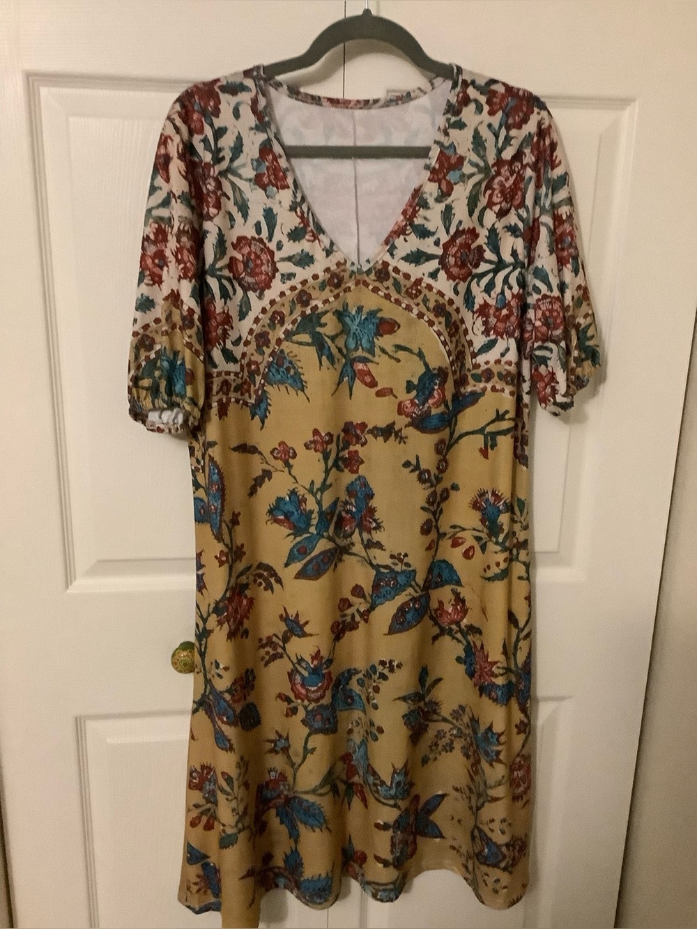 Floral V-Neck Mustard/Rust/Blue Vintage Boho Dress